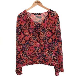 New York & Company Red Floral Blouse Large